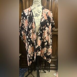Black Floral Fringe Kimono